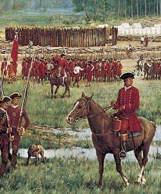 Illustration of George Washington and Virginia troops defending Fort Necessity during the 1754 engagement in the French and Indian War.