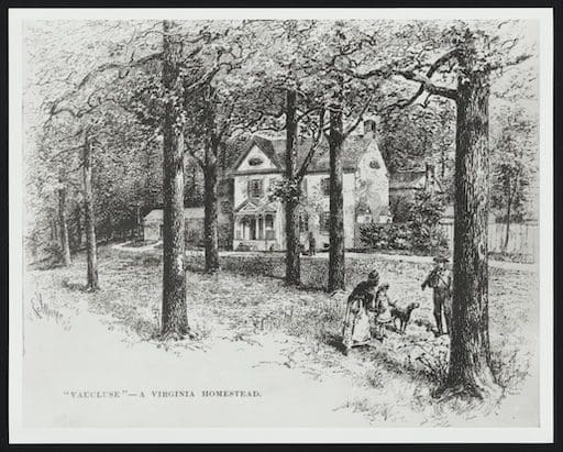 Historic view of Vaucluse, Dr. James Craik’s white stucco residence on Seminary Hill in Alexandria, Virginia, surrounded by mature trees and plantation outbuildings.
