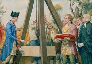 Mural showing George Washington in Masonic regalia laying the U.S. Capitol cornerstone in 1793, with Reverend James Muir of Alexandria standing at far right.