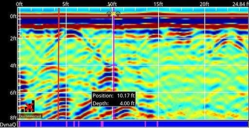 <img src="path/to/gpr-image2.jpg" alt="Ground-penetrating radar (GPR) image using a different color palette, revealing the presumptive grave of George Gilpin, a significant breakthrough in the search for his final resting place.">