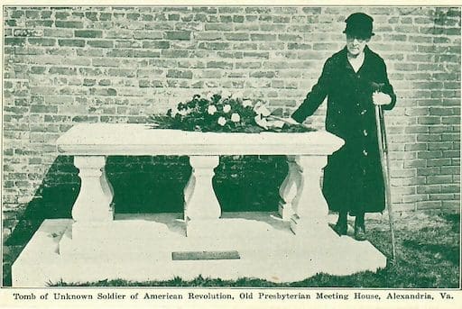 Eleanor Washington Howard, last child born at Mount Vernon, standing at the Tomb of the Unknown Soldier of the American Revolution at the Old Presbyterian Meeting House, Alexandria, Virginia