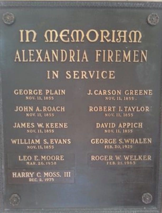 Plaque in Alexandria City Hall listing fallen firefighters from 1855 to 1975, honoring their service and sacrifice, including the era of Lost Alexandria firefighter J. Carson Greene.