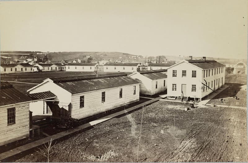 Civil War-era photograph of Slough General Hospital in Alexandria, Virginia, used by the Union Army to treat sick and wounded soldiers.