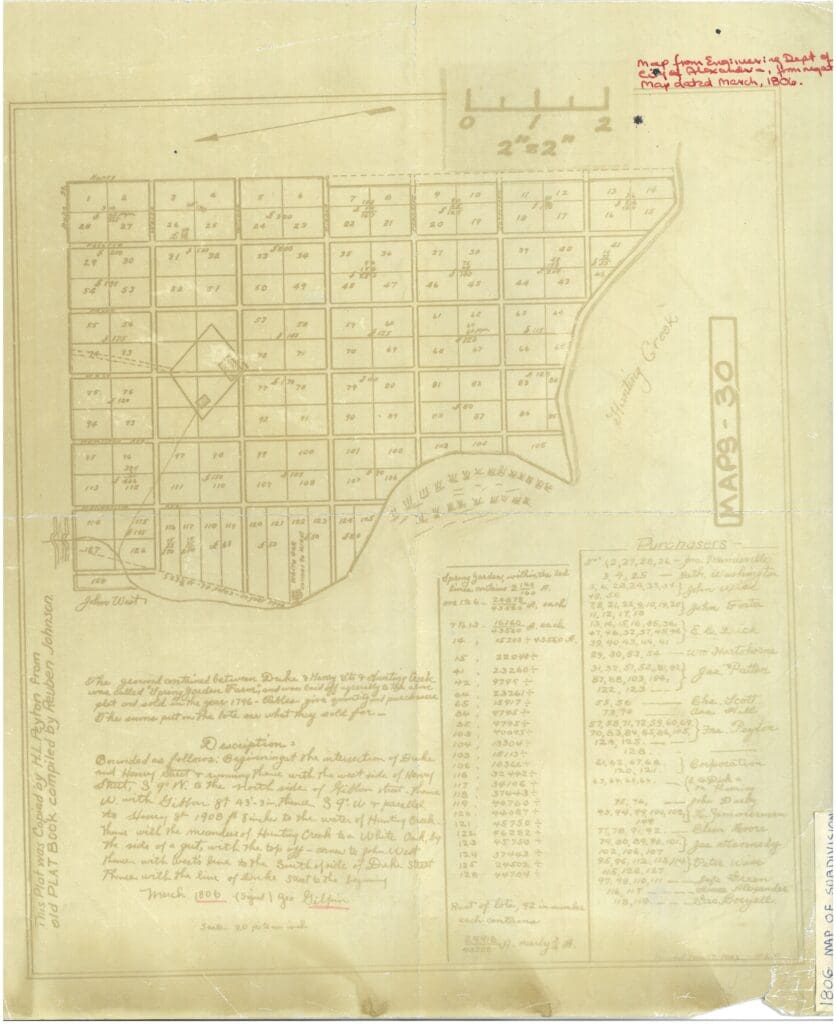 Hand-drawn 1806 plat of Spring Garden Farm showing a numbered grid of more than 125 lots between Duke and Henry Streets and Hunting Creek, with a handwritten boundary description signed by George Gilpin, a table of lot purchasers, and a red annotation noting the map came from the City of Alexandria Engineering Department.