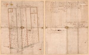 Hand-drawn 1791 survey map on aged paper showing numbered town lots and a street grid along the Potomac River at Alexandria, Virginia, with landowners' names written on long parallel strips of land; the reverse side, shown at right, bears handwritten survey notes signed by James Dermott.