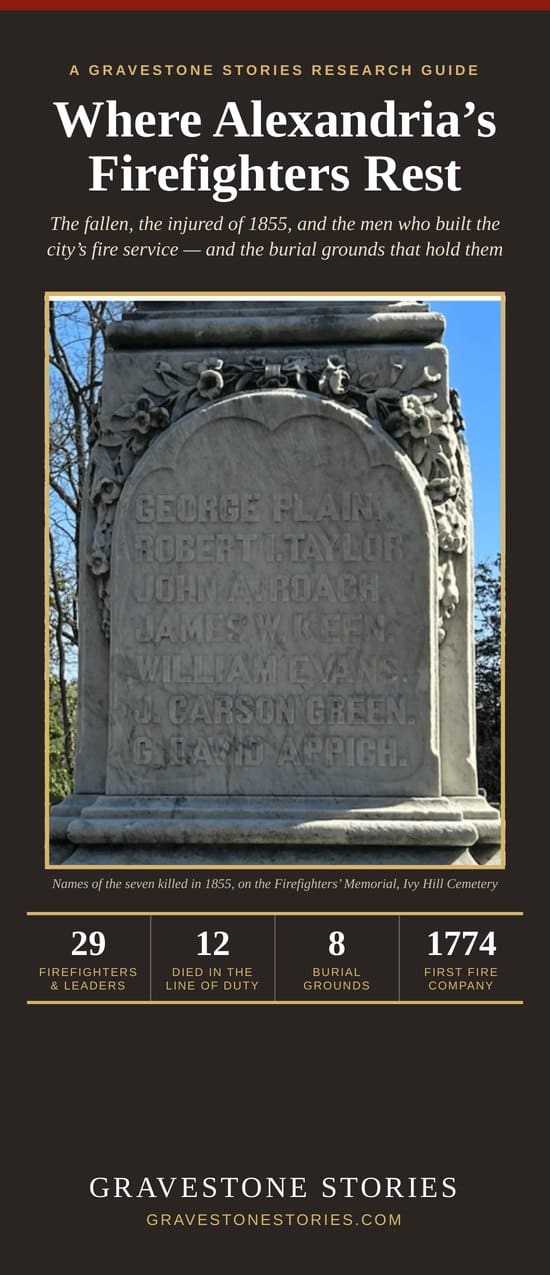 Where Alexandria&rsquo;s Firefighters Rest brochure cover &mdash; the names of the seven firefighters killed in 1855 on the Firefighters&rsquo; Memorial at Ivy Hill Cemetery